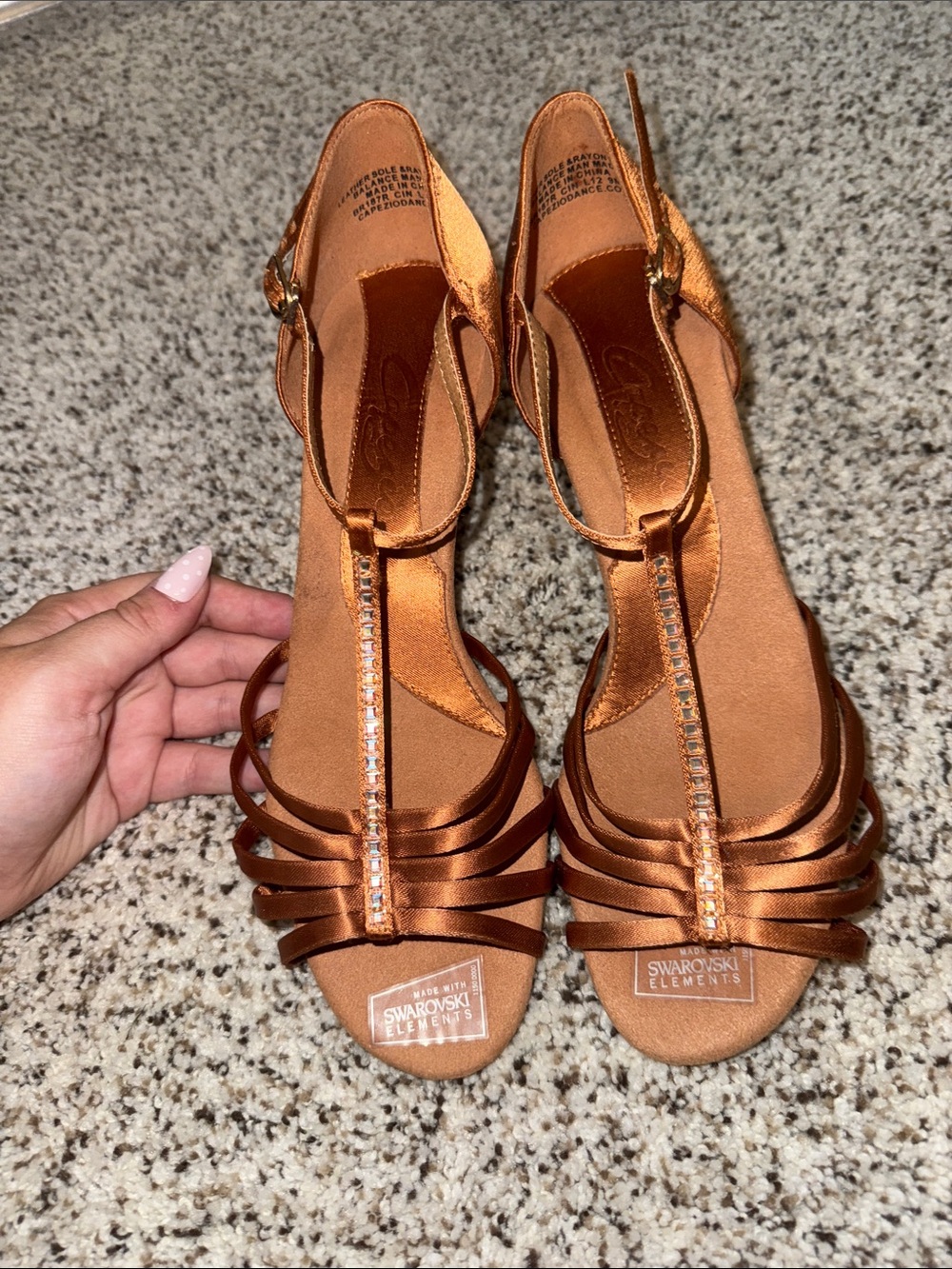 Capezio Copper Satin T-Strap Heels with Crystal Accents